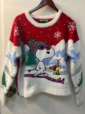 Peanuts Snoopy & Woodstock Ski Sweater - Red, White, Green, Blue, Sz L